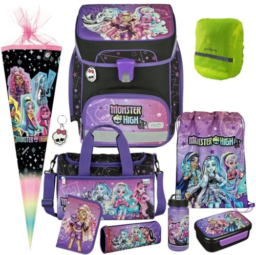 Pridera Scooli Schulranzen Mädchen 1.Klasse EasyFit (10tlg. Set mit Sporttasche Brotdose Trinkflasche Schultüte N, Regenhülle gratis, Monster High)
