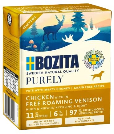 Bozita Purely 6 x 370g Huhn & Hirsch im Tetra | Getreidefreies Nassfutter für Hunde | Sehr Hoher Fleischanteil | mit Fleischstückchen | ohne Zucker & ohne künstliche Farbstoffe