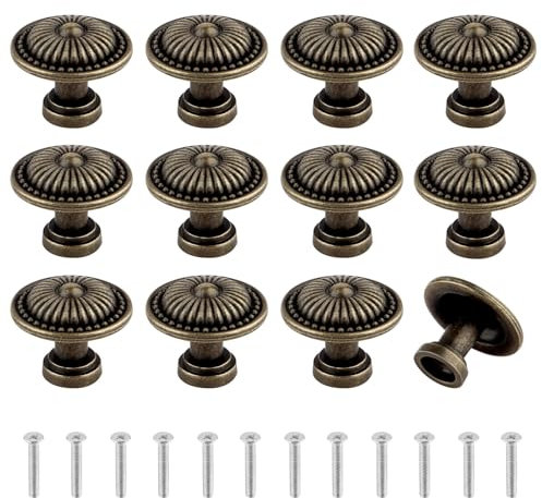 JIASI&JIESY 12 Pcs Antique Bronzy Cabinet Knobs, 26mm/1in Round Bronze Drawer Knobs, Vintage Furniture Handle Pulls with Matching Screws for Drawer Cabinet Cupboard and Kitchen Door