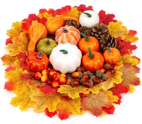 Woltoy 238 Pezzi Set di Zucche Decorative Autunnali, con Zucca Decorativa Artificiali, Pigne, Ghiande, Melograni e 200 Foglie di Acero artificiali, Autunno Decorazioni per Halloween, Ringraziamento.