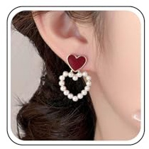 Yheakne Yheakne Vintage Pendientes Colgantes De Perlas Corazón Esmalte Rojo Pendientes De Corazón Doble Amor Pendiente De La Gota De Perlas Forma De Amor Pendientes De Joyería Para Las Mujeres