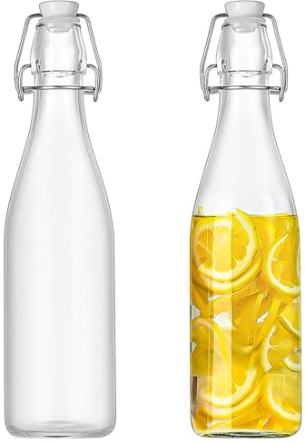 Bottiglie trasparenti da 963,9 g e 481,9 g, con tappo a pressione, 2 bottiglie di fermentazione, in vetro con tappo a ribalta, per succhi, acqua, vino, birra, kombucha, 2 stili (medio-rotonda)