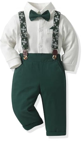 Yoolhamy Vestito natalizio per bambini e ragazzi, vestito da gentiluomo per bambini, camicia con bretelle, pantaloni, papillon, per 9 - 6 anni, Verde/Bianco., 3-4 anni