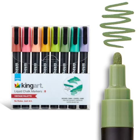 KINGART Chalk Markers VINTAGE Colors 8-Pack, Reversible Round & Chisel Tip - Dust-Free, Erasable Liquid Chalk Markers - Versatile for Windows, Glass & Chalkboard Surfaces