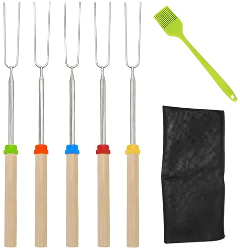 Lot de 7 bâtons de guimauve extensibles – Fourchettes à rôtir rétractables de 30,5 cm à 81,3 cm pour feu de camp, barbecue et hot-dogs – Bâtons de smores en acier inoxydable avec poignées en bois