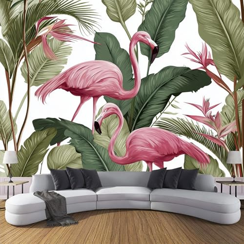 Papier Peint Panoramique Plantes Tropicales Soie, Bananier Flamant Rose Poster Geant Mural Vert Rose Personnalisé 3D pour Salon Chambre restaurant Enfant Décoration Murale 350×256cm