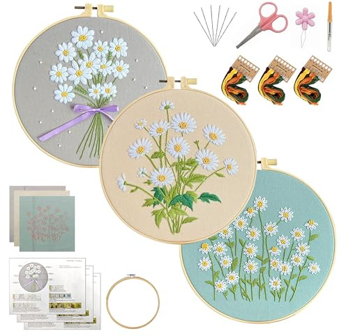 KEKEMEOW 3 Sets Stickerei-Kit für Anfänger, Nähte mit Wildblumenmustern, DIY-Kreuznäht-Kits für Erwachsene, Nadelpunkt-Hand-Stickerei-Kit mit gestempeltem Muster、Anleitung、Reifen