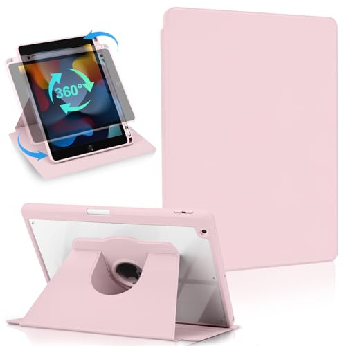 Koze Custodia Rotante per iPad 10,2 Pollici 9a / 8a / 7a Generazione 2021 2020 2019 con Portapenne, Protezione con 360 Gradi di Rotazione, Supporto Cover Retro Trasparente Antiurto Rosa