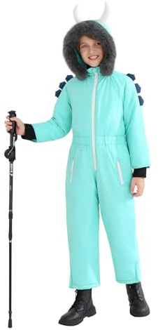 Haloumoning Boys One Piece Dinosaur Snowsuits Kids Hooded Waterproof Winter Outdoor Overalls Snowboarding Ski Suits 5-14Y