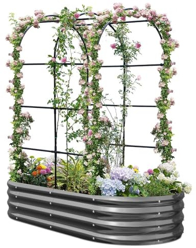 KING BIRD Galvanized Metal Raised Garden Bed with Trellis, Outdoor Planter Box for Climbing Vegetables, Flowers, 180x90x180cm
