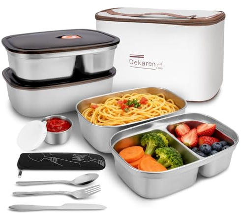 WRENYZK 2Pcs Stainless Steel Lunch Box Leakproof 2-Compartment | 1.4L+1.7L Metal Bento Box, Snack Box Food Storage Containers with Lunch Bag and Cutlery Set for Adults and Kids Cutlery