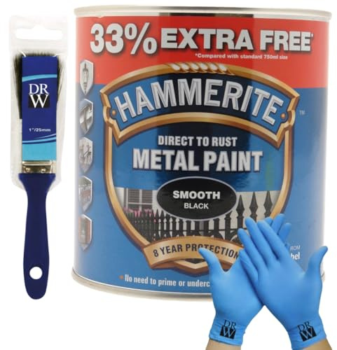 Hammerite Direct to Rust Smooth Metal Paint 750ml + 33% Extra Free (1L) | Smooth Black 1 Brush, 3 Wire Brush Set & Free Nitrile Gloves | Durable Anti-Rust Protection for Indoor & Outdoor