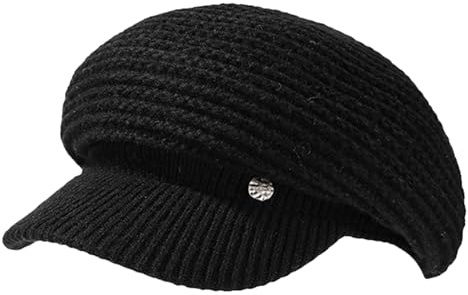Women's Winter Fleece-Lined Knitted Newsboy Cap Soft Warm Beanie for Large Head Visor Beret Painter Hat Black