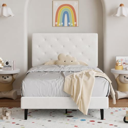 HOMBCK Polsterbett 90x200cm, Einzelbett 90x200cm mit Lattenrost, Weiß | Höhenverstellbares Kopfteil Jugendbett, Leinen Bettgestell, Ohne Matratze, Einfache Montage