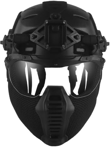 Set Completo di Casco Militare Airsoft Bump, Maschera Tattica Integrale in Rete D'acciaio, Costume da Cosplay di Halloween per Uomo, per Attrezzatura da Paintball Airsoft CQB All'aperto(BK)