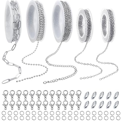 TOAOB 10m Edelstahl Gliederkette Meterware Stahlfarbe 5 Rollen 2 bis 4 mm | für DIY Schmuck Basteln Herstellung, Halskettenverlängerungen, Armband Verlängerungskette, Schlüsselanhänger