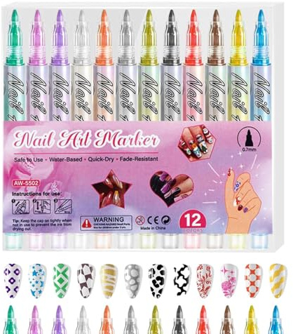 Set Di Pennarelli Unghie 12 Pezzi Con Lunga Durata Asciugatura Rapida E | Penna Doodle E Marcatore A Puntini Per Decorare, Delineare, Tracciare E Disegnare Per Casa E Salon