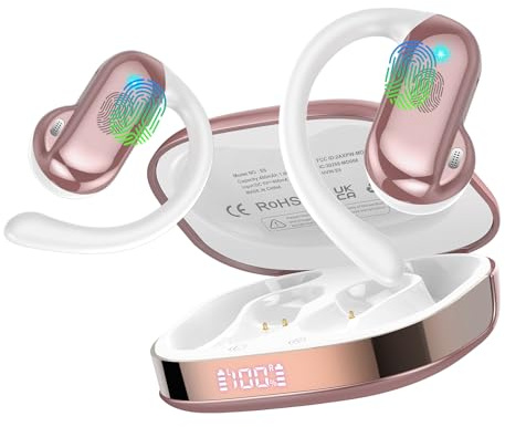 DUSONLAP Ecouteurs Bluetooth sans Fil, Open-Ear Sport Écouteur Bluetooth 5.4 HiFi Stéréo, 42H Oreillette sans Fil avec ENC Mic et Écran LED, IPX7 Ecouteurs pour Course/Ciclismo, iOS Android, Or Rose