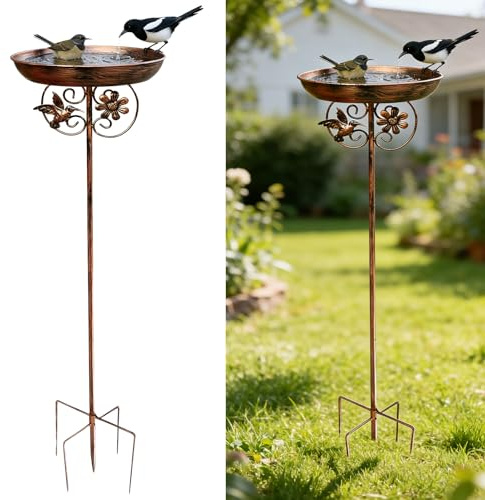 Vogeltränke Stehend Metall Vintage, Vogelbad Garten, 80x25cm, Wassertränke für Vögel, Vogeltränke Winterfest Frostsicher mit Erdspieß, Vogelbad Stehend aus Gusseisen, Antike Bronze (A)