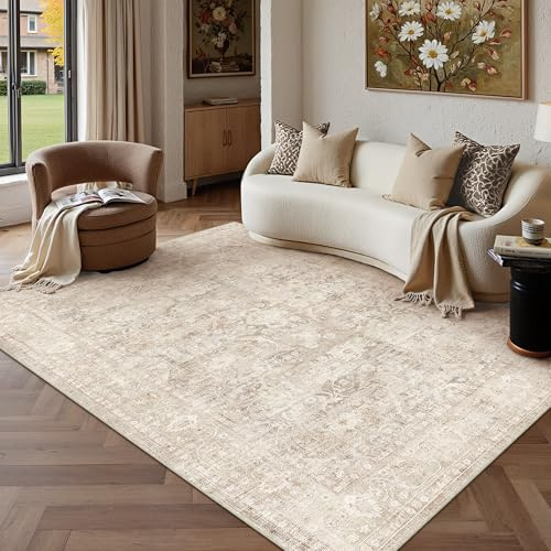 PureCozy Beige Teppich Wohnzimmer 160x230cm, Waschbar Wohnzimmerteppich | Wohnzimmerteppich,Kurzflor Rutschfest,Weich Boho Retro Carpet,Leicht,Schlafzimmer, Esszimmer,Büro