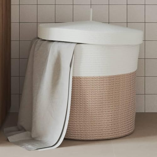 Ziaphsol Aufbewahrungskorb mit Deckel Braun und Weiß Ø40 x 35 cm Baumwolle, Flechtkorb für Wohnzimmer Bad Schlafzimmer Küche Flur, Korb Aufbewahrung Deko Organizer für Wäsche Spielzeug Decke Kissen