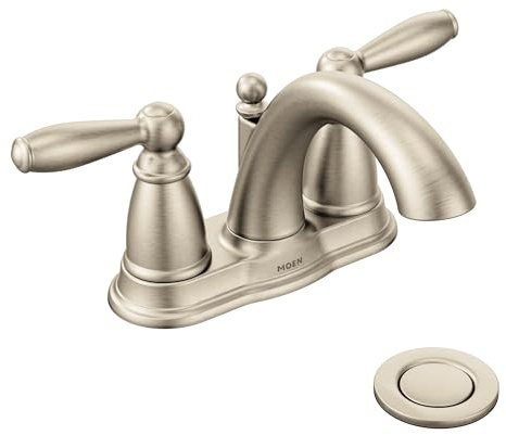 Moen Brantford Brushed Nickel Two-Handle Low-Arc Centerset Bathroom Faucet with Drain Assembly, 6610BN