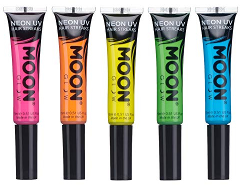 Moon Glow Neon UV-Haarfarbenstreifen, 5er-Set, Haar-Mascara, temporäre auswaschbare Haarfarbe, leuchtende Neonfarbe, leuchtet unter UV-Beleuchtung (Grün, 15 ml (5er-Pack))