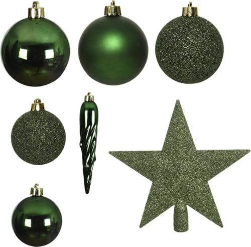 Weihnachtskugeln mit Christbaumspitze Stern Kunststoff 33er Set bruchsicher piniengrün dunkelgrün