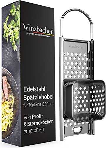 Winzbacher Edelstahl Spätzlehobel mit Teigschlitten [Topf Ø von 16-30cm] Spülmaschinenfest | Rostfrei | Spätzlereibe, Spätzlesieb, Spätzlepresse | für Spätzle & Knöpfle