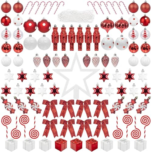ITART 105pcs Christmas Tree Ornaments Decorations Assortment Red and White Including Tree Topper Balls Candy Cane Snowflakes Stars Pine Cones Nutcracker Figurines Bead Garland for Christmas Tree Decor