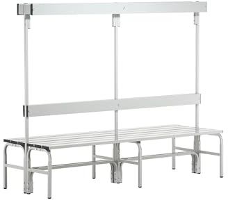 System-Umkleidebank Alu/Stahl, Typ C, lichtgrau, LxBxH cm: 200x72,5x165, Doppelseitig, mit Rückenlehne mit Hakenlehne