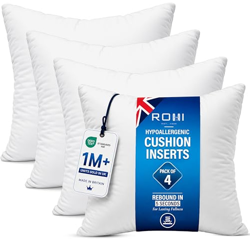 Rohi Set of 4 Hypoallergenic Cushion pads 65cm x 65cm - White polyster square Cushions - Standard stuffer pack of Cushion inserts 65cm x 65cm (Pack of 4 | 26x26)