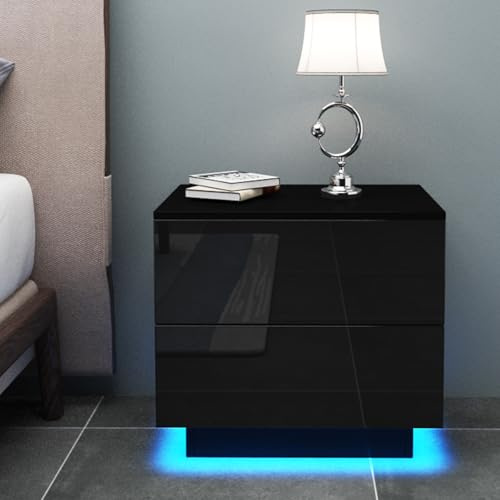 Dripex Nachttisch mit LED-Beleuchtung, Beistelltisch mit 2 Schubladen, Sofatisch, Nachtschrank für Schlafzimmer, Wohnzimmer, 55 x 37 x 50 cm, Schwarz Hochglanz