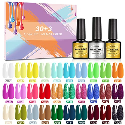 Gel Nail Polish- SHOWNAIL 33Pcs Gel Polish Soak Off Gel Nail Polish Set with Base Glossy Matte Top Coat, Popular Candy Classic Black White Neon Glitter Gel Nail Polish Colour DIY Nail Collection