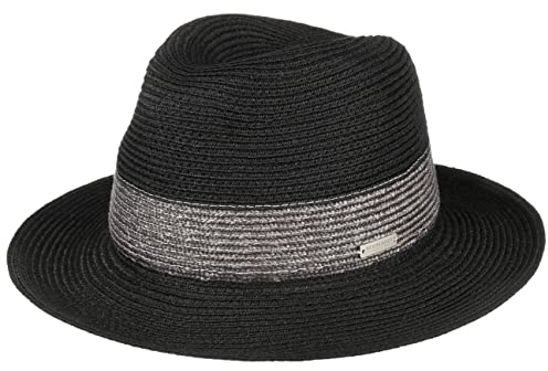 Seeberger Levia Fedora Hanfhut Strohhut Weizenstrohhut Sommerhut Sonnenhut Damenhut Damen - Sommer Frühling-Sommer - XL (60-61 cm) schwarz-anthrazit
