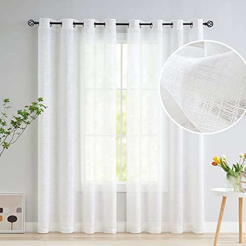 Treatmentex Leinen Gardinen mit Ösen 136cm Breite Slub-Textur Halbtransparent Ösenvorhang Gardinen Weiss Leinenoptik Lichtdurchlässig Vorhänge für Schlafzimmer Bauernhaus Wohnzimmer-2 Stücke,136x225CM