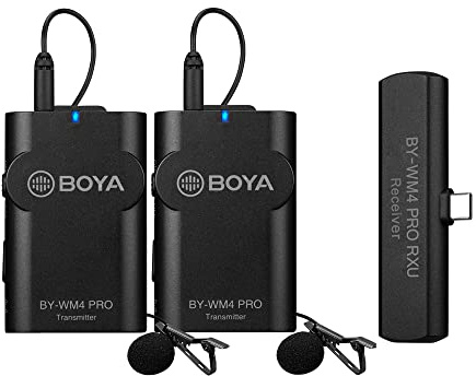 BOYA by-WM4 Pro-K6 Sistema de micrófono inalámbrico 2.4 G (2 transmisores + 1 Receptor) con Receptor de Interfaz Tipo C Compatible con Smartphones Android Tipo C para transmisión en Vivo de vídeo