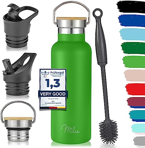 Milu Edelstahl Trinkflasche 350ml 500ml 750ml 1000ml (+3 Deckel) Thermosflasche mit Strohhalm, Isolierte Wasserflasche, Auslaufsichere Isolierflasche doppelwandig (Apfelgrün, 500ml)