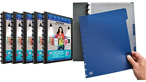Oxford polyvision Ringmappe A4, mit vario-zipp, 20 Hüllen, schwarz, 5er Pack & Oxford manageMe Ringmappen-Register A4, mit vario-zipp, 1-5, 5-teilig, dunkelblau, 1 Stück