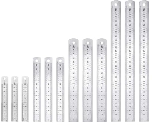 12 Stück Metall Lineal 10cm 15 cm 20 cm 30 cm Edelstahl Stahllineal, Stahlmaßstab Metalllineal mit Doppelseiten Skala Kante, Messwerkzeug Metall für Engineering, Lehre, Offi