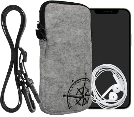 kwmobile Handytasche für Smartphones XXL - 7 - Filz Handy Hülle Schwarz Hellgrau - Handy Tasche mit Kette 17,7 x 8,5 cm Innenmaße - Kompass Vintage