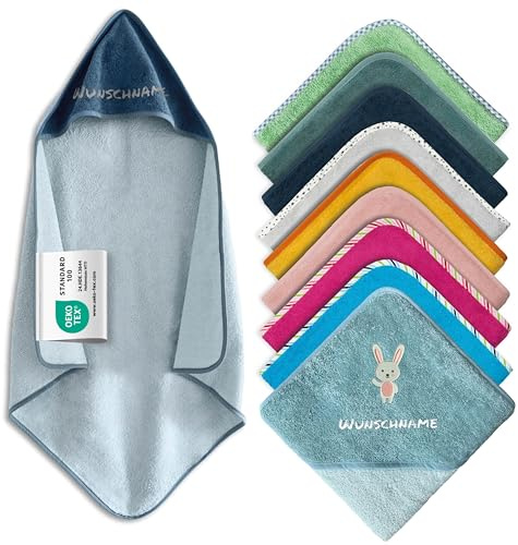 my STITCHERY Kapuzenhandtuch Baby mit Namen Bestickt, Oeko-TEX® Standard 100 - Personalisiertes Babyhandtuch mit Kapuze aus Reiner Baumwolle mit gesticktem Namen und Motiv (Dunkelblau, 80 x 80 cm)