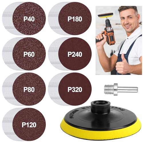 sinzau Kit di dischi abrasivi, carta vetrata da 125 mm, kit con velcro, 70 pezzi di carta vetrata con piatto e fusto, grana 40 60 80 120 180 240 320, per smerigliatrice angolare