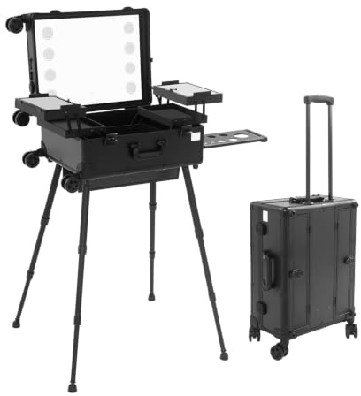 OUBUBY Schminkkoffer Trolley, Professioneller Schminkkoffer Friseurkoffer Schminkkoffer mit Rädern Manikürekoffer Trolley Schminkkoffer Mit Spiegel und LED Licht Fahrbarer Schminkkoffer