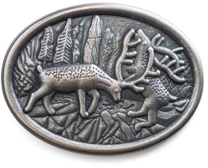 Schöneberger Trachten Couture Gürtelschnalle Hirsch & Wappen, Wechselschließe für 40mm Gürtel - Lederhosen Trachtenschnalle Bayern für Trachtengürtel (Hirschbrunft/Silber-Antik)