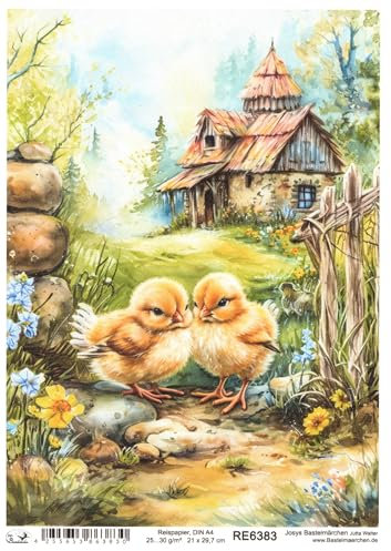 Josys Bastelmärchen Reispapier A4 Strohseide Decoupage Ostern Süße Küken vor Haus RE6383