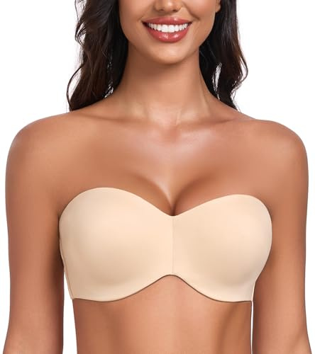 DotVol Damen Trägerloser BH Push Up mit Bügel Trägerlos Bandeau T-Shirt BH Große Größen Ungepolstert Minimizer BH(Beige, 85B)