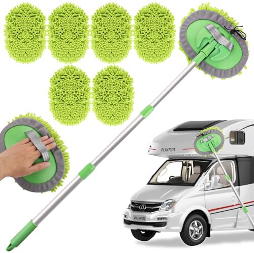 MUXHEL Autowaschbürste, 2-in-1 Auto-Reinigungsbürste, Mikrofaser-Wischmopp, Auto-Reinigungsset mit ausziehbarem Griff 60-118 cm & 6 x kratzfreie Moppköpfe für die Reinigung von Wohnmobil, LKW, Van,