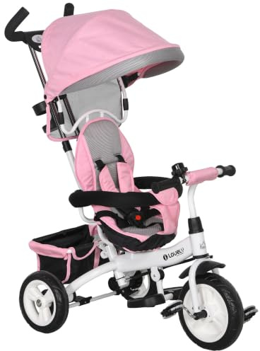 HOMCOM Tricycle Bébé Évolutif 6 en 1 Vélo Poussette pour 1-5 Ans Rose | Poignée de Poussée, Auvent Amovible, Ceinture de Sécurité à 5 Points, Rangement, Repose-Pieds, Frein
