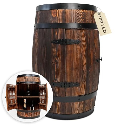 Bonanza Wood XL Hausbar Weinfass mit Doppeltür, Sensor-LED & Glashaltern – Rustikaler Barschrank aus massiver Kiefer (80x55cm) – Handarbeit, Platz für 50 Flaschen